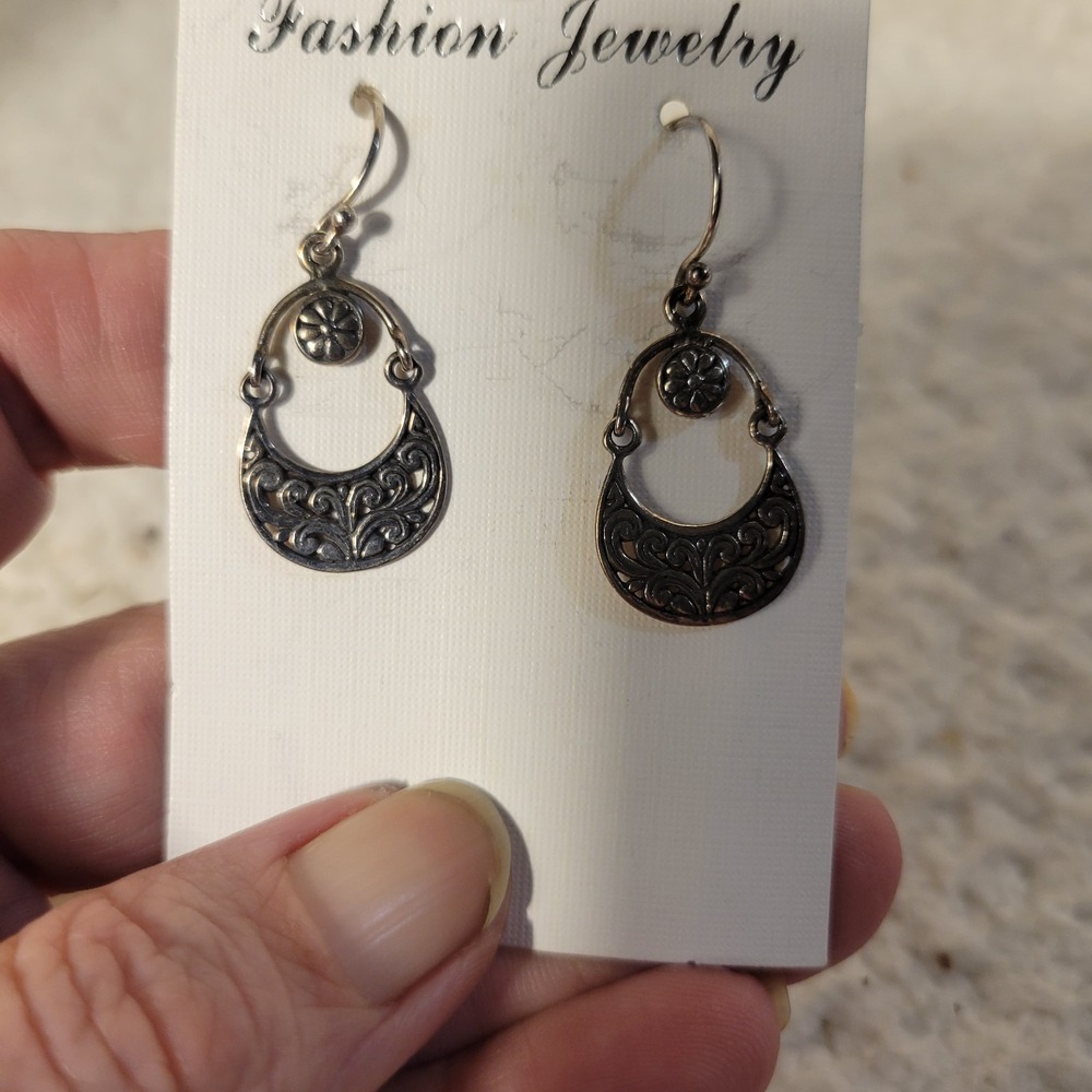 925 Sterling Silver Filigree Hoop Dangle Earrings Scrollwork Floral Boho Pierced